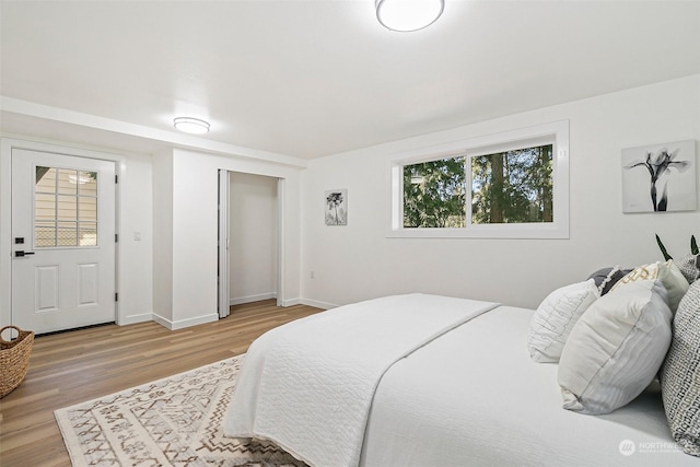 bedroom featuring wood-type flooring and a closet