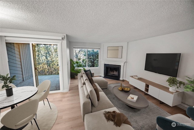 living room featuring a textured ceiling and light wood-type flooring