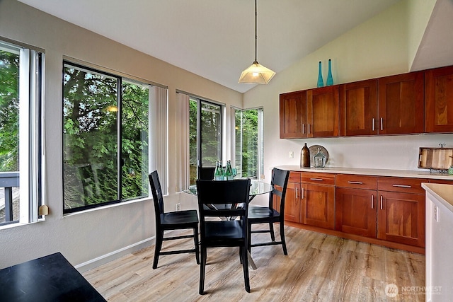 dining room with vaulted ceiling, light wood-type flooring, and a healthy amount of sunlight