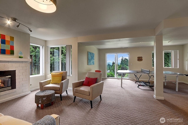 living area featuring baseboards, carpet, rail lighting, and a brick fireplace