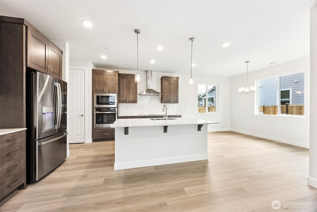 kitchen featuring sink, hanging light fixtures, stainless steel appliances, a center island with sink, and wall chimney exhaust hood