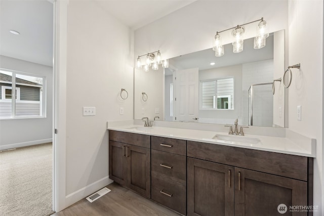 bathroom featuring walk in shower, vanity, and wood-type flooring