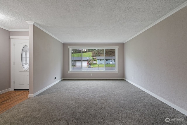 interior space featuring crown molding, carpet floors, and a textured ceiling