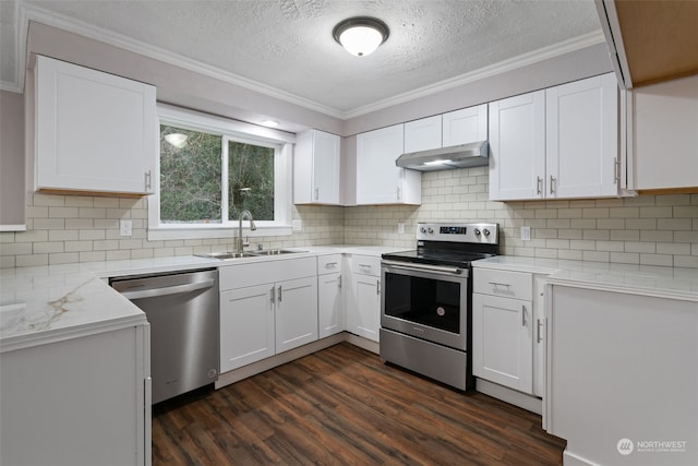 kitchen with appliances with stainless steel finishes, dark hardwood / wood-style floors, sink, white cabinets, and light stone counters