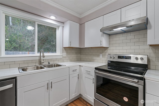 kitchen featuring extractor fan, white cabinetry, sink, ornamental molding, and stainless steel appliances