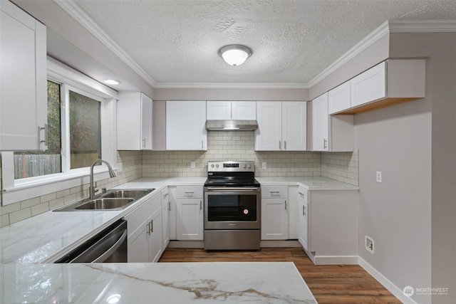 kitchen with white cabinetry, appliances with stainless steel finishes, sink, and light stone counters