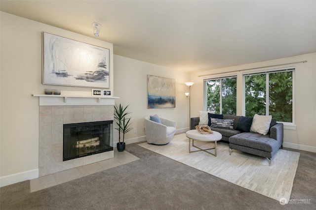 living room featuring carpet flooring and a fireplace