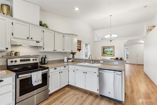 kitchen with pendant lighting, sink, white cabinetry, stainless steel appliances, and kitchen peninsula