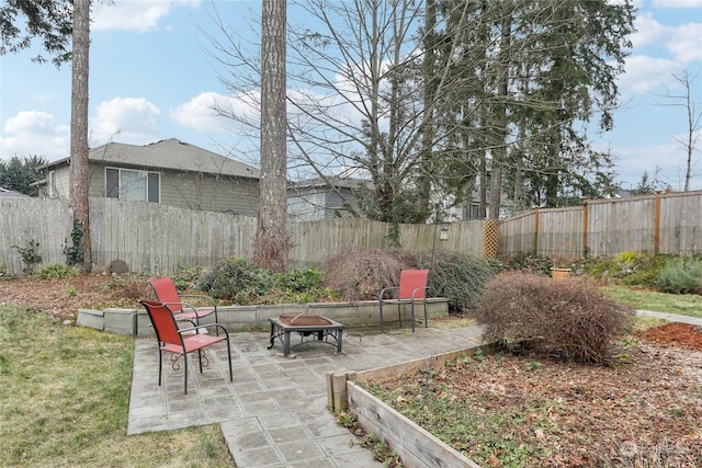 view of yard featuring a patio area and a fire pit