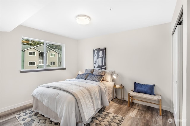 bedroom featuring wood-type flooring and a closet