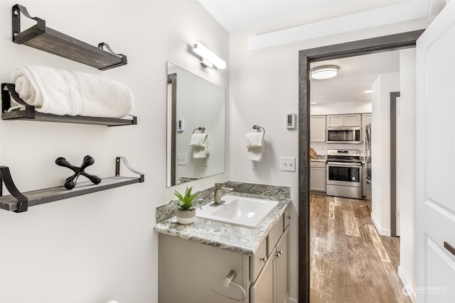 bathroom featuring vanity and wood-type flooring