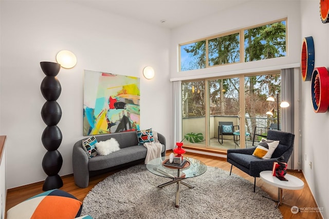 living area featuring plenty of natural light, a towering ceiling, and hardwood / wood-style floors