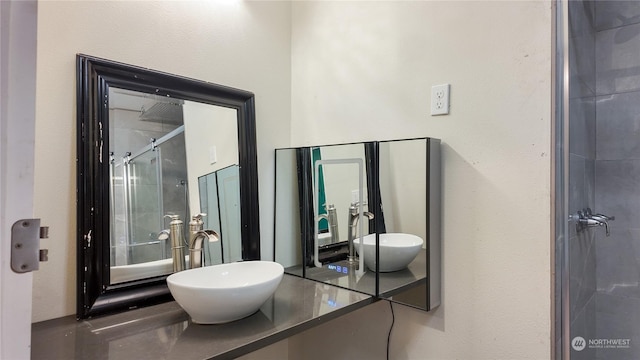 bathroom featuring sink and a shower with shower door