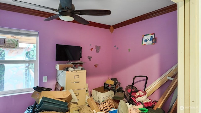 bedroom with ornamental molding and ceiling fan