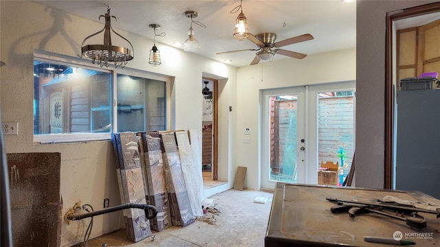 bathroom with french doors and ceiling fan