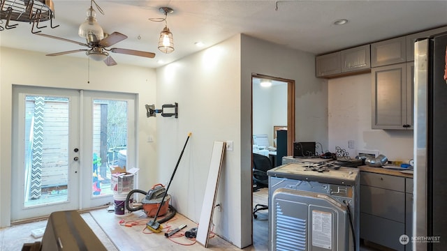 kitchen with french doors, ceiling fan, decorative light fixtures, and gray cabinetry