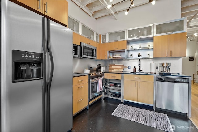 kitchen featuring a towering ceiling, stainless steel appliances, light brown cabinetry, and sink