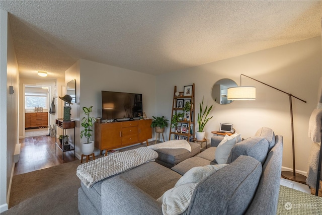 living area with a textured ceiling, wood finished floors, and baseboards