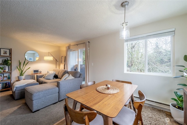 dining room with carpet floors and a textured ceiling