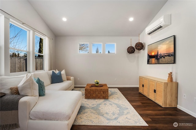 living room with dark hardwood / wood-style flooring, lofted ceiling, and an AC wall unit