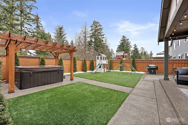 view of yard featuring a pergola, a hot tub, a patio, and a playground