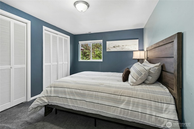 carpeted bedroom with multiple closets