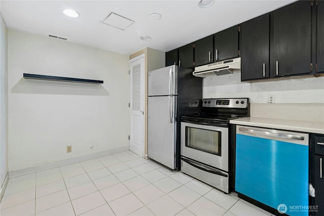 kitchen with electric stove, visible vents, dark cabinets, dishwasher, and under cabinet range hood