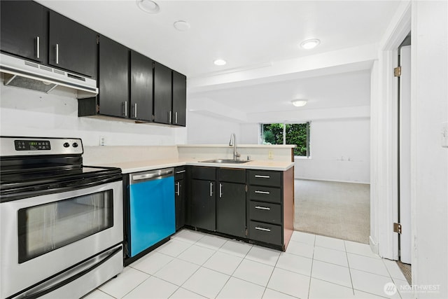 kitchen featuring dishwashing machine, stainless steel electric stove, light countertops, under cabinet range hood, and a sink