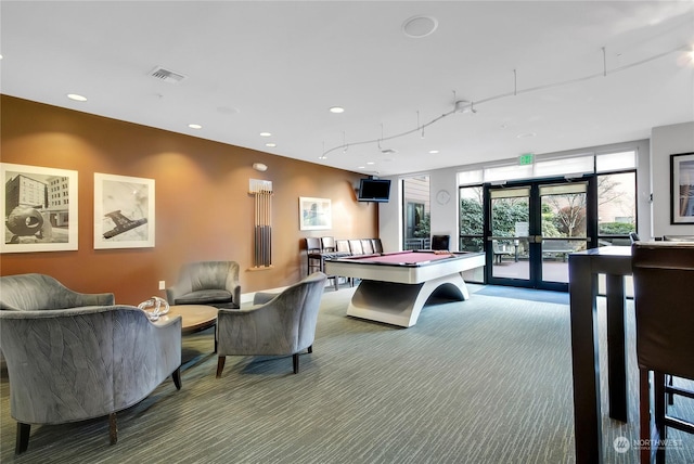 rec room with carpet, track lighting, pool table, and french doors