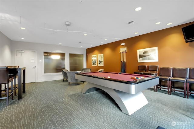 recreation room with billiards and carpet floors