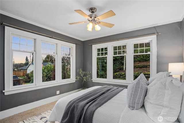 bedroom with ceiling fan, ornamental molding, and baseboards