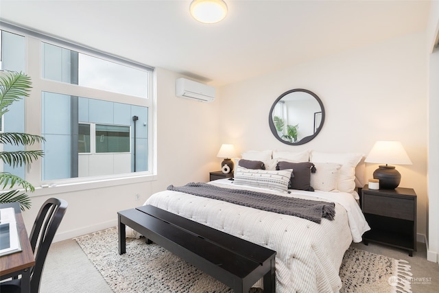 carpeted bedroom featuring multiple windows and a wall unit AC