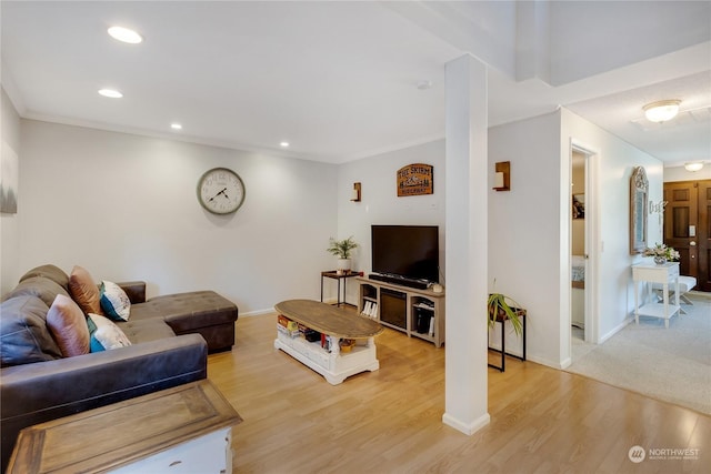 living room with crown molding and light hardwood / wood-style flooring