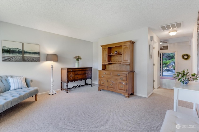 living area with light colored carpet and a textured ceiling