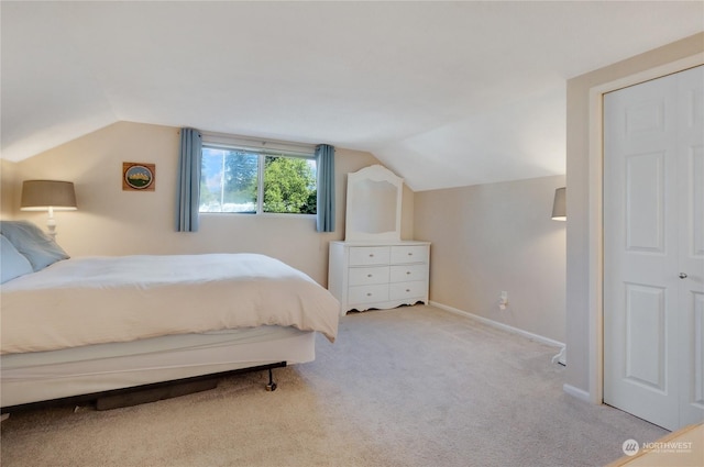 bedroom with lofted ceiling and light colored carpet