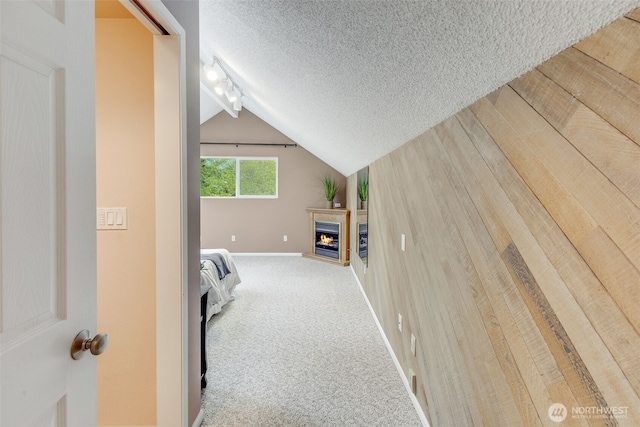 9230 119th St E, Puyallup, WA 98373 - interior space featuring lofted ceiling, a textured ceiling, baseboards, rail lighting, and a lit fireplace