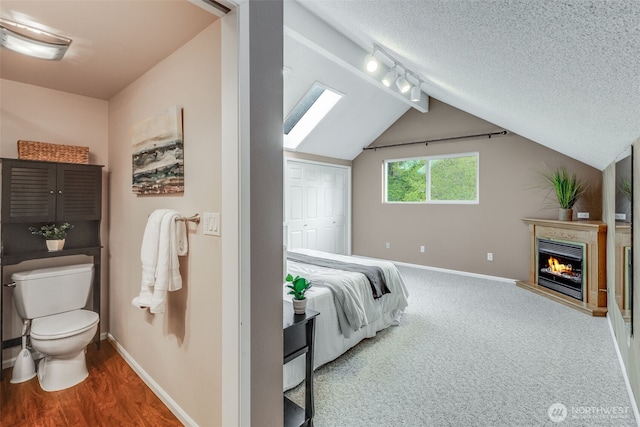 9230 119th St E, Puyallup, WA 98373 - bathroom featuring lofted ceiling, baseboards, toilet, track lighting, and a lit fireplace