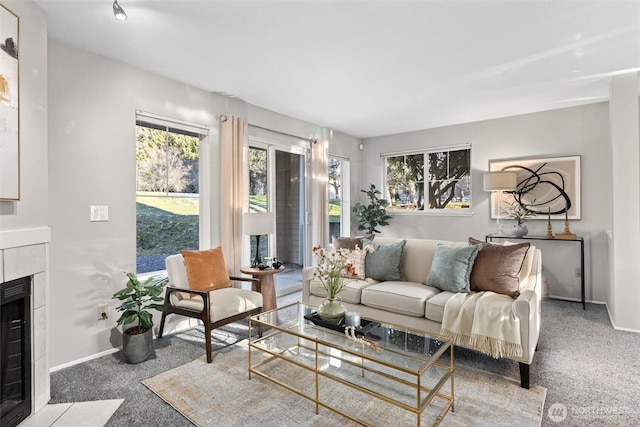 living room with carpet floors and a wealth of natural light