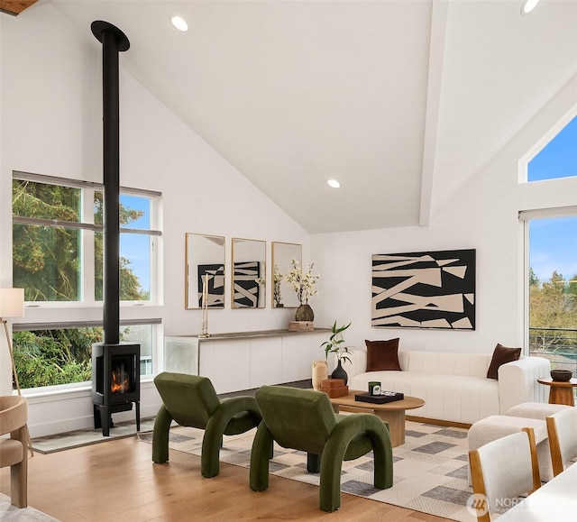 sitting room with light hardwood / wood-style flooring, high vaulted ceiling, a wood stove, and a wealth of natural light