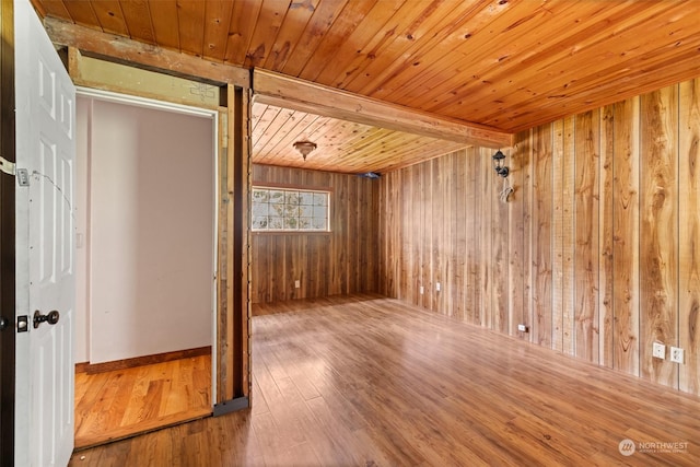 interior space featuring wood ceiling, hardwood / wood-style flooring, wooden walls, and beamed ceiling