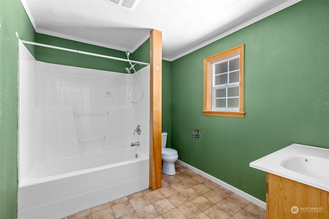 full bathroom with vanity, crown molding, tile patterned floors, and toilet