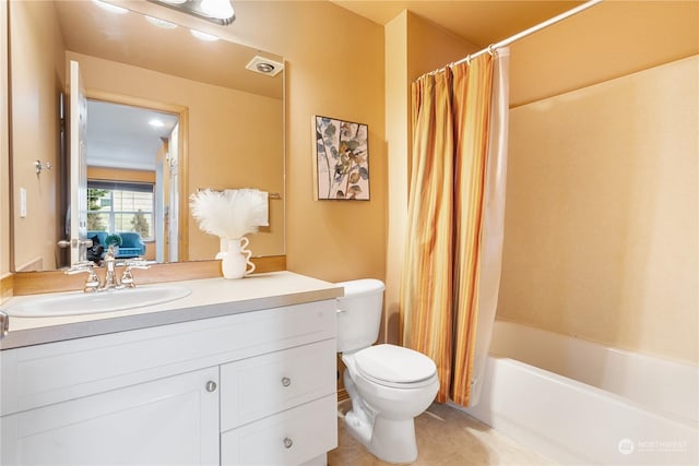 full bathroom with shower / bathtub combination with curtain, vanity, toilet, and tile patterned floors