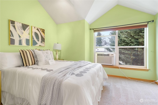 carpeted bedroom with cooling unit and lofted ceiling