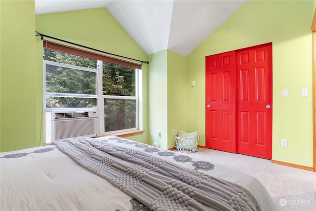 bedroom featuring lofted ceiling, carpet flooring, and cooling unit