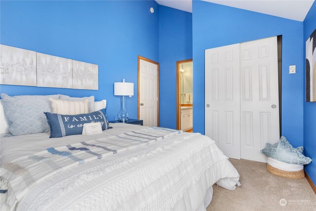 bedroom with lofted ceiling and carpet