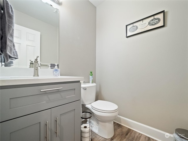 bathroom featuring vanity, wood-type flooring, and toilet