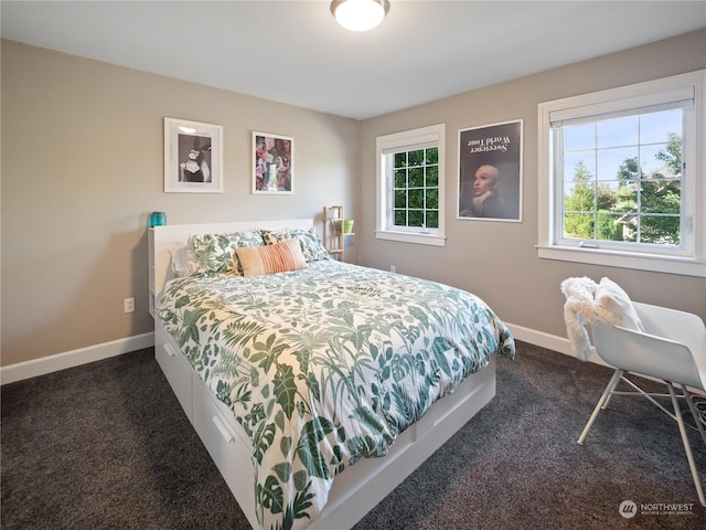 bedroom with dark carpet