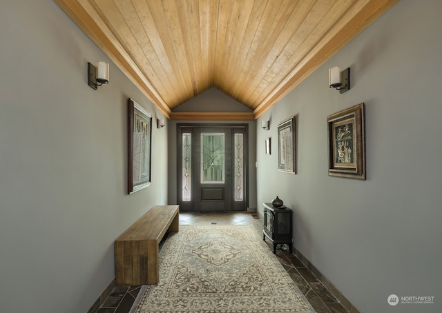 entryway featuring wood ceiling and lofted ceiling