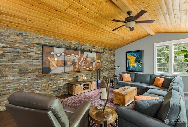 living room with vaulted ceiling with beams, ceiling fan, hardwood / wood-style floors, and wooden ceiling