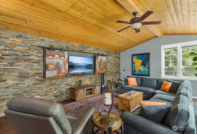 living room with wood-type flooring, vaulted ceiling with beams, wooden ceiling, and ceiling fan